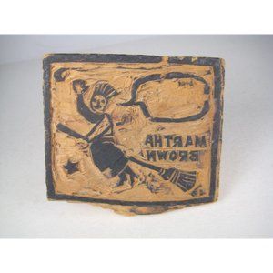 Martha Brown Vintage Hand Carved Wood Print Block Stamp Person Broom Halloween